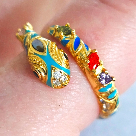 18KT GOLD/925 STERLING SILVER TURQUOISE DIAMOND EMERALD SNAKE ADJUSTABLE RING - Picture 12 of 16